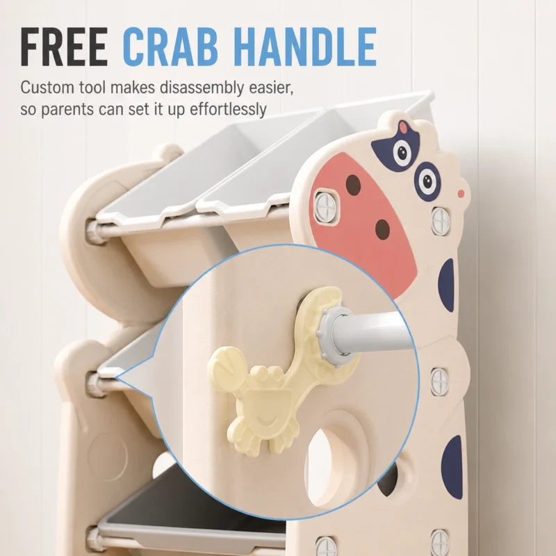 Flexible modular children storage cabinet from China factory featuring a tool-free quick assembly system with custom plastic wrench.