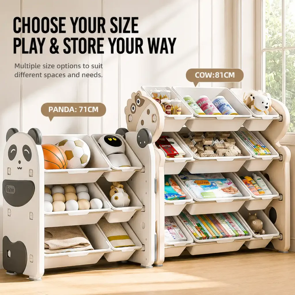 Flexible modular children storage cabinet showing different adjustable height specifications and animal themes for playroom spaces.
