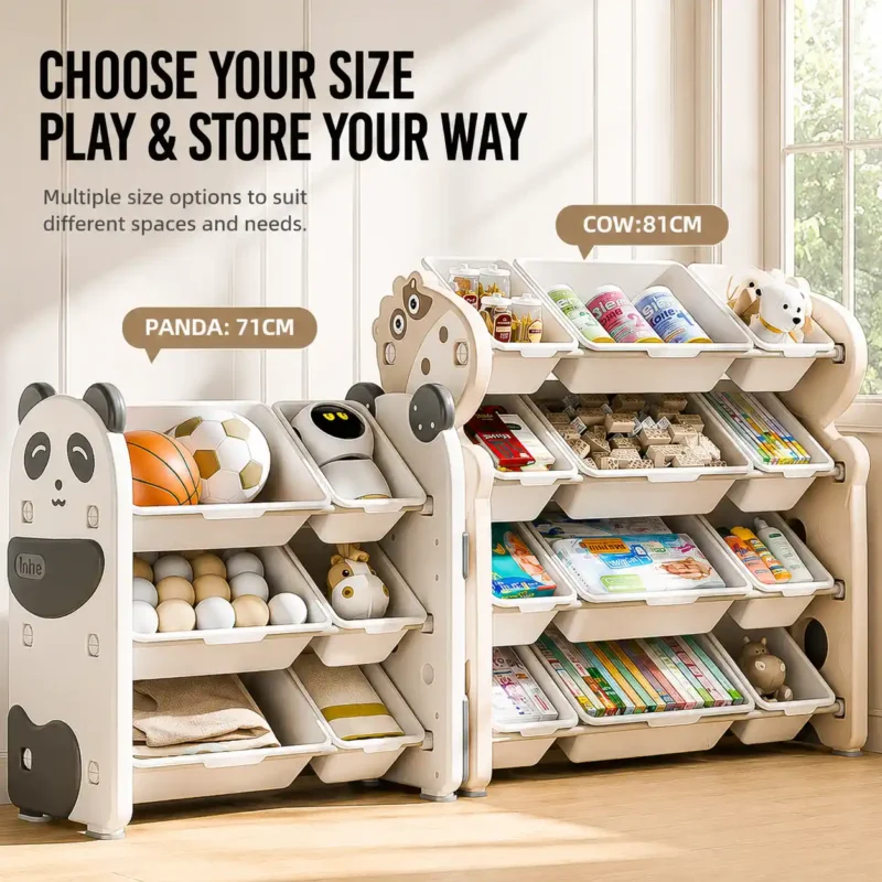 Flexible modular children storage cabinet showing different adjustable height specifications and animal themes for playroom spaces.