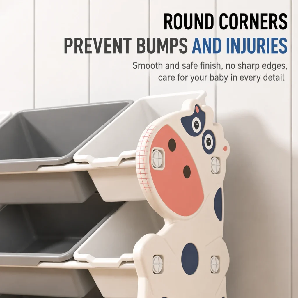 Smartly divided toddler toy storage cabinets featuring smooth rounded edges and non-slip plastic panels to prevent injury.