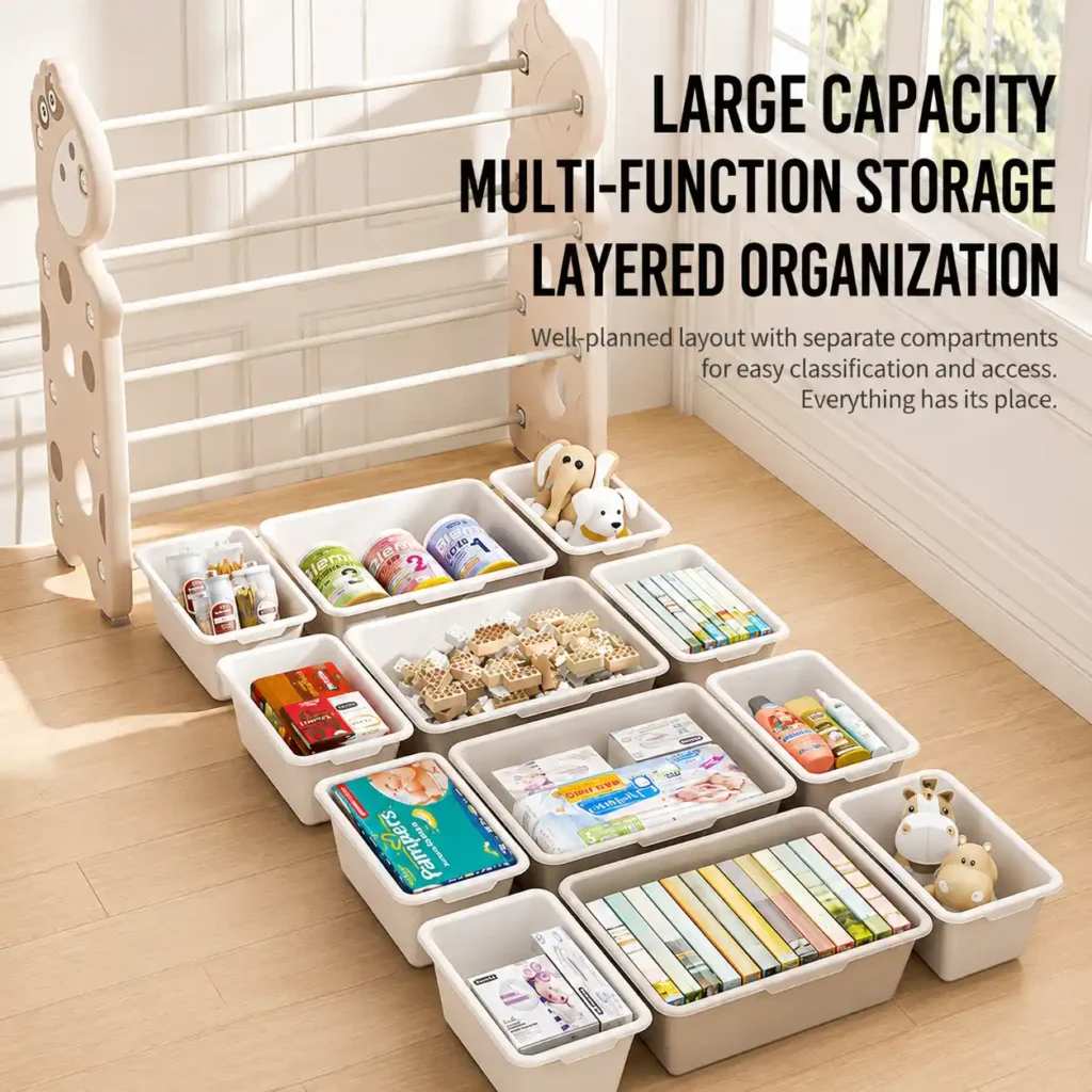 Smartly divided toddler toy storage cabinets showcasing an integrated modular layout with extensive plastic bins for layered organization.