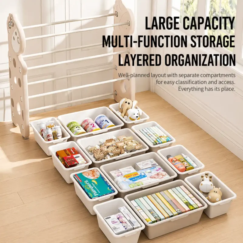 Smartly divided toddler toy storage cabinets showcasing an integrated modular layout with extensive plastic bins for layered organization.