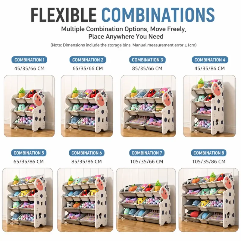 Custom eco-friendly kids storage racks with ASTM compliance reports showing multiple modular setups and combinations.
