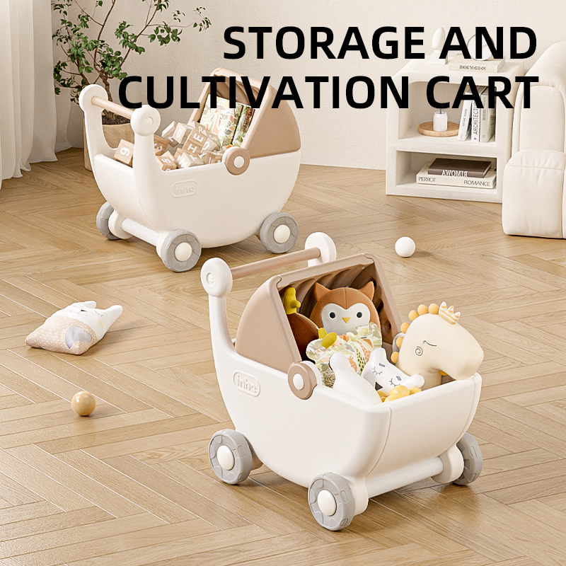Premium preschool kids toys organizer certified by CE Certificate guidelines showing an integrated cradle theme mobile cart.