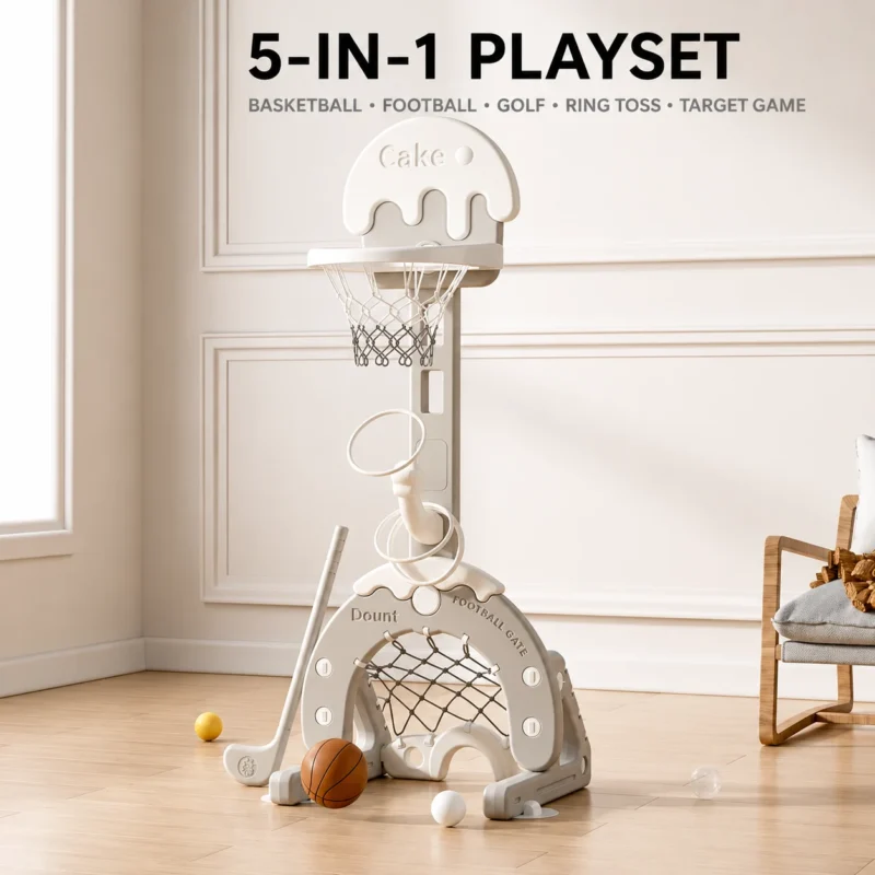 Aesthetic cream cake themed 5-in-1 kids basketball activity center and toddler sports equipment from OEM manufacturer.