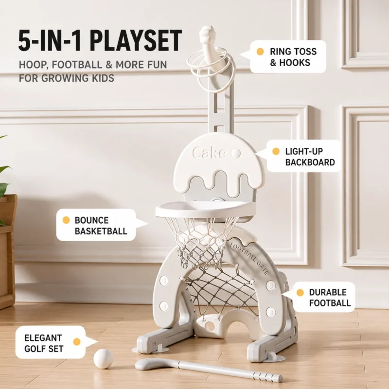 Multifunctional kids sports and basketball stands with 5-in-1 multi-play modes including basketball, soccer, golf, and ring toss.