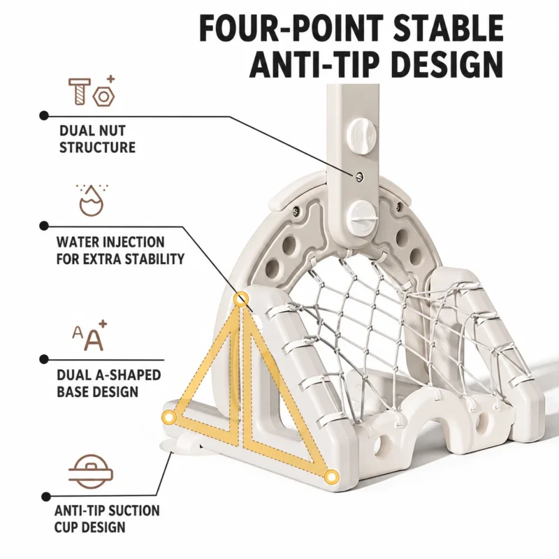 Blow-molded kids basketball stand featuring a double A-frame triangular stable structure and water-fillable base for anti-tip safety.