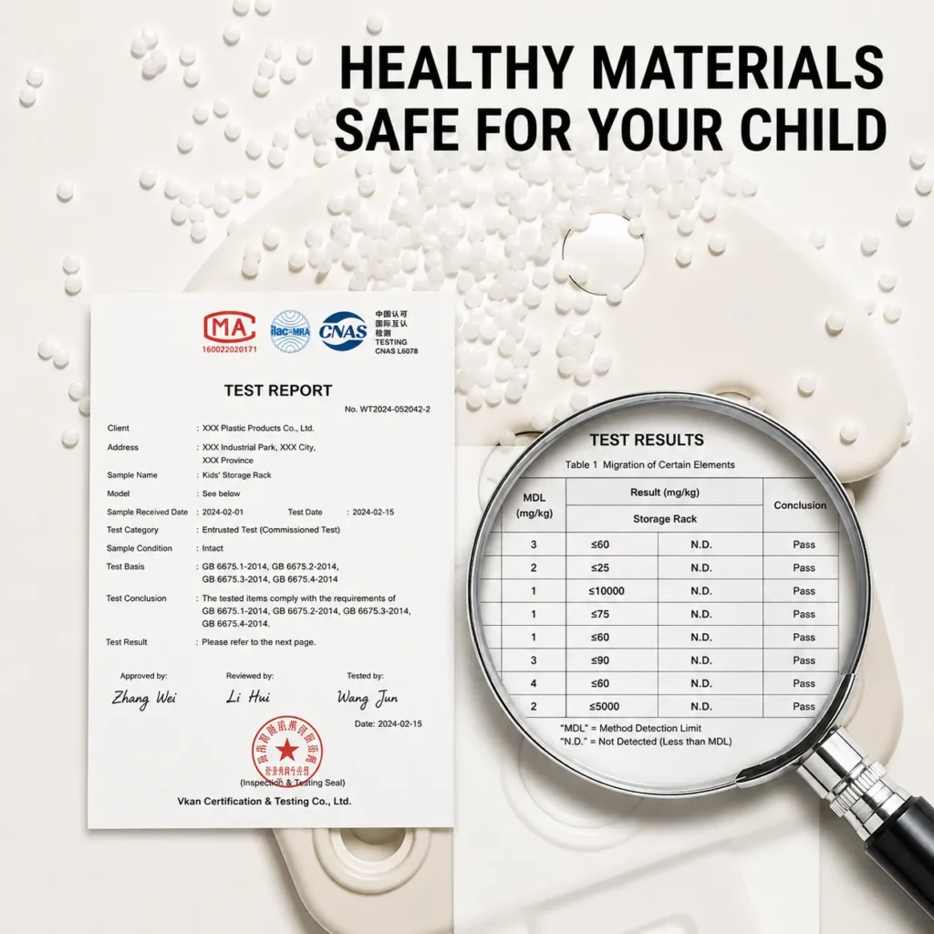 Authoritative material safety test report with MA CNAS certification for an ASTM CE certified kids basketball hoop from China factory.