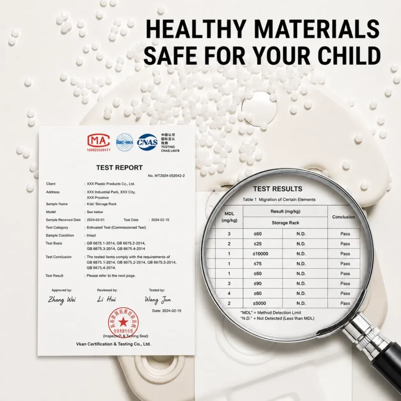 Authoritative material safety test report with MA CNAS certification for an ASTM CE certified kids basketball hoop from China factory.