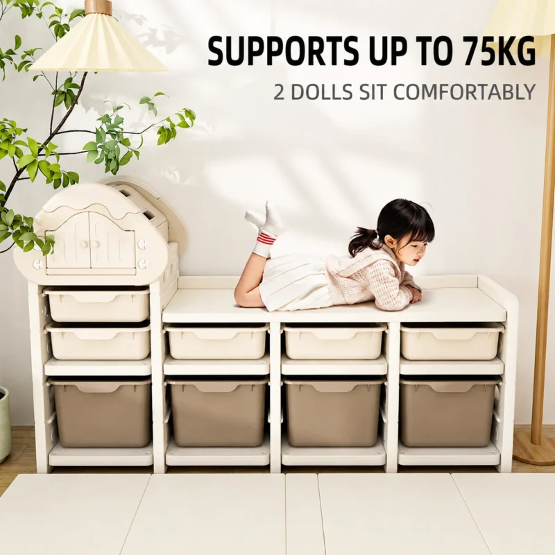 High capacity preschool storage shelves featuring a heavy duty toddler storage bench structure that supports up to 75kg.