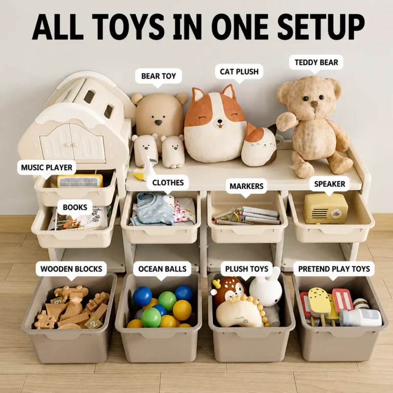 Smartly divided toddler toy storage cabinets from China factory showing multi-size storage spaces for books blocks and plush toys.