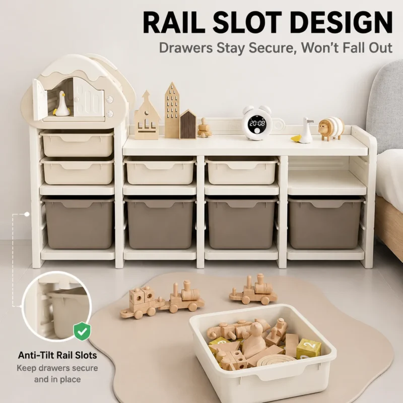 Custom eco-friendly kids storage racks with ASTM+CCPIA Testing Report featuring an anti-tilt rail slot design to keep plastic drawers secure.