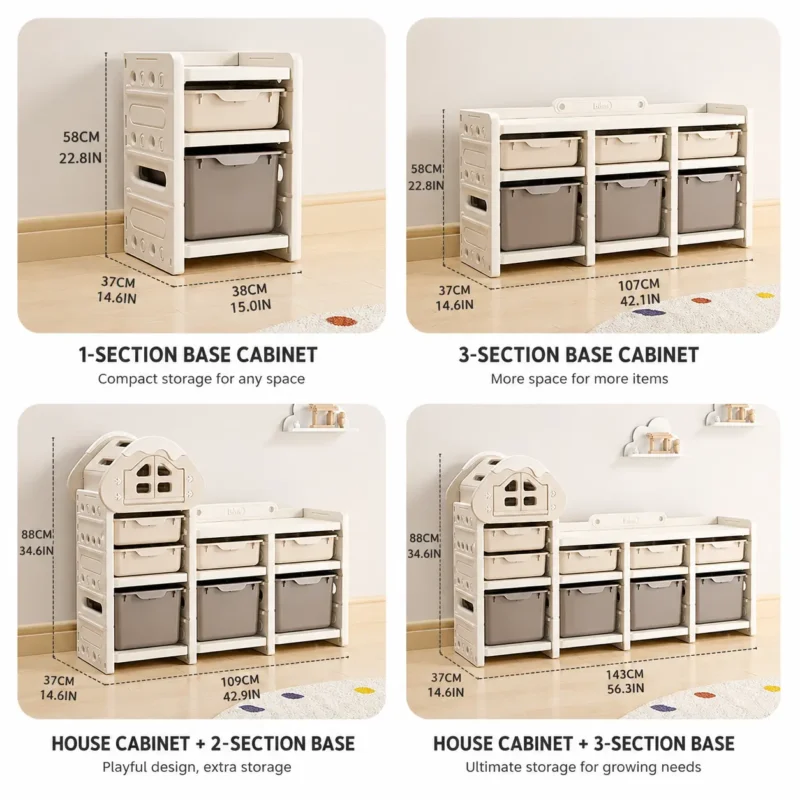 Modular design children storage cabinet wholesale showing detailed customizable modular setups and flexible bench sizes for nursery spaces.