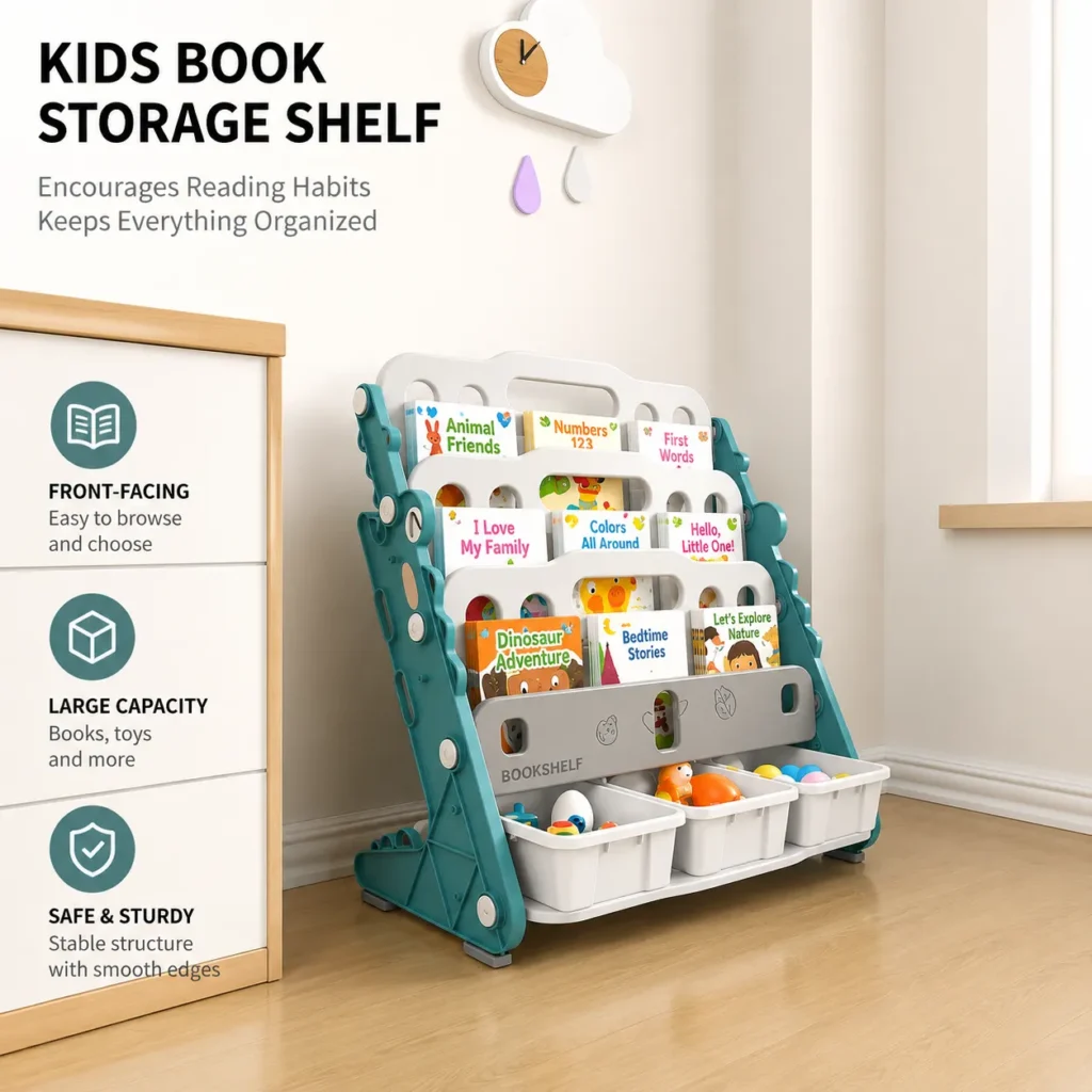 Minimalist kids bookshelf and forward-facing picture book organizer in a modern preschool classroom from children furniture manufacturer.