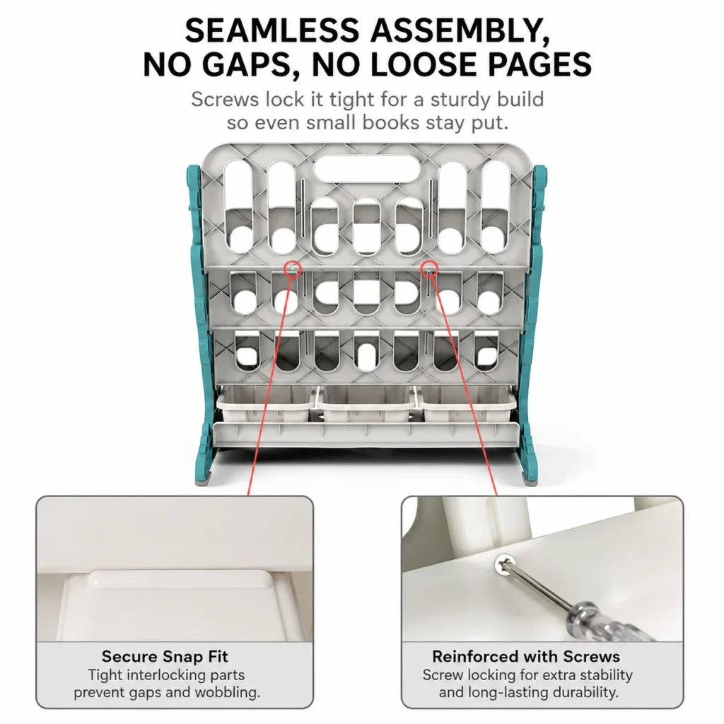 ASTM CE kids storage shelf factory wholesale China with a secure snap fit and screw reinforcement to ensure seamless assembly.