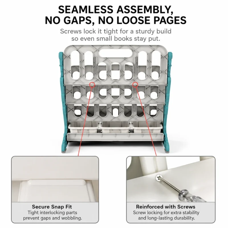 ASTM CE kids storage shelf factory wholesale China with a secure snap fit and screw reinforcement to ensure seamless assembly.