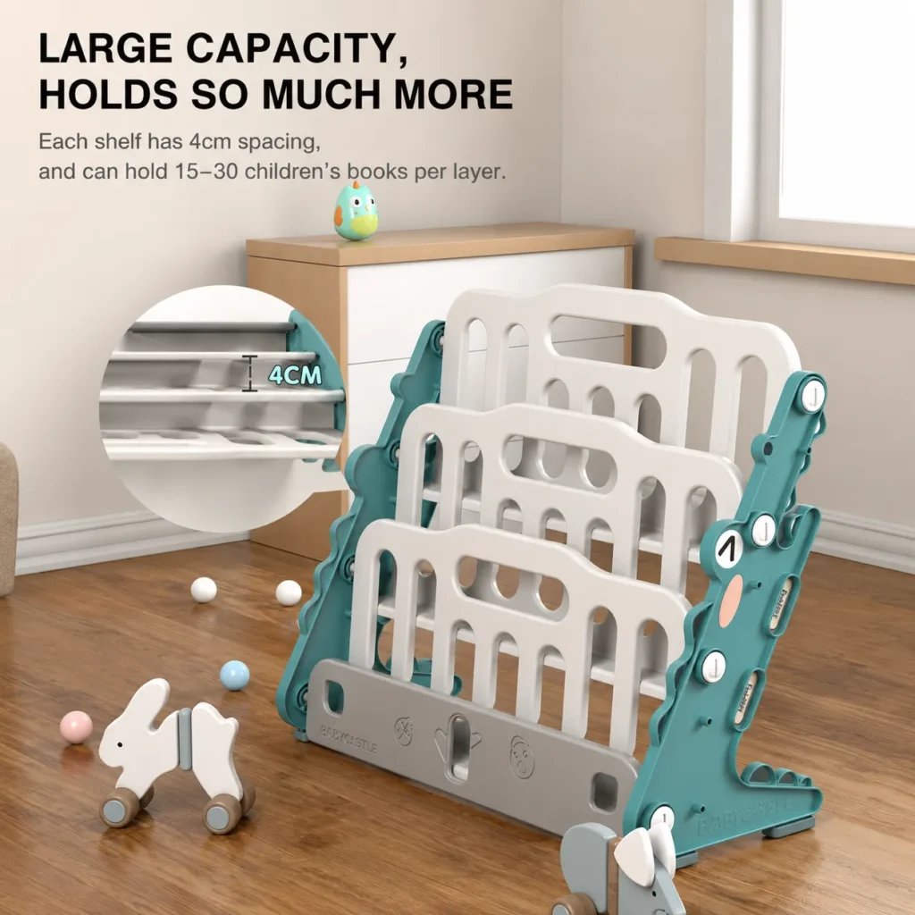 High capacity preschool bookcases featuring an injection molded toddler book rack with a 4cm gap holding up to 30 books per layer.