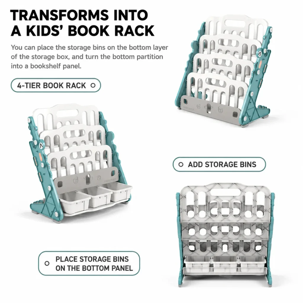 Custom eco-friendly kids storage racks wholesale showcasing a modular design that easily converts into a 4-tier toddler book rack.