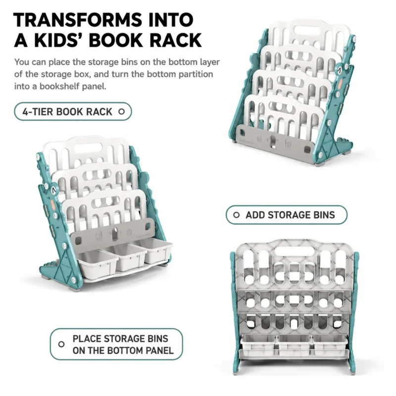 Custom eco-friendly kids storage racks wholesale showcasing a modular design that easily converts into a 4-tier toddler book rack.