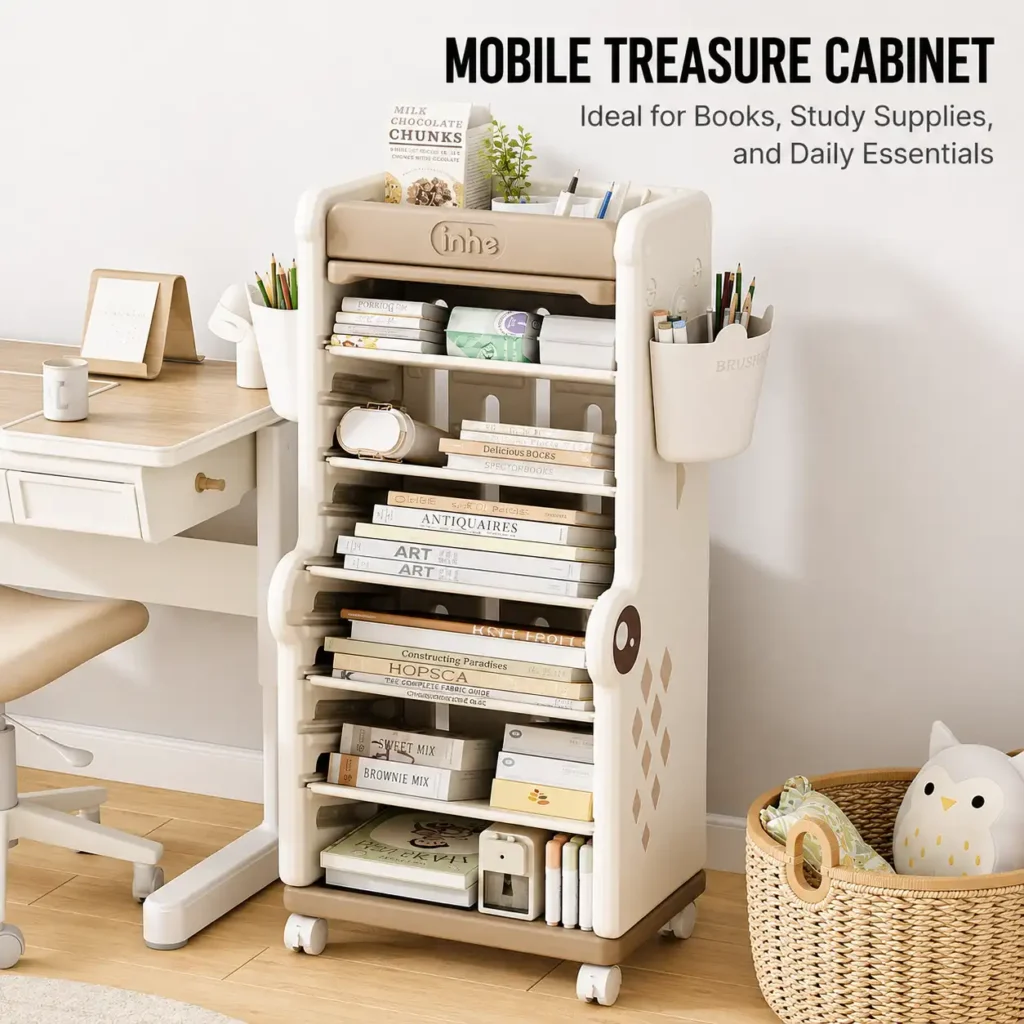 Ergonomic plastic kids bookshelf verified by ISO9001 factory quality standards featuring a stable pyramid framework to prevent rollover.