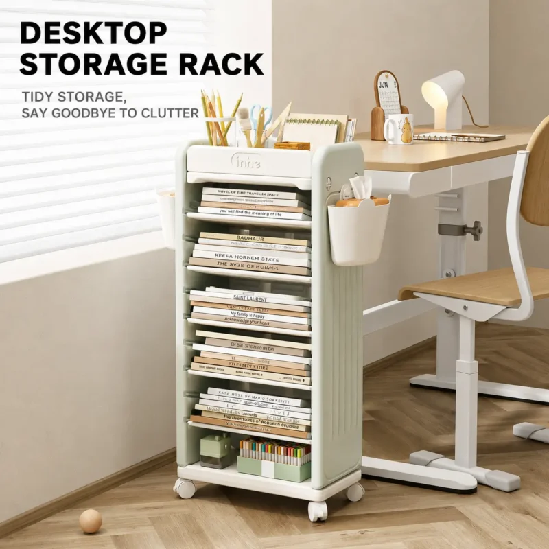 Minimalist kids bookshelf and mobile desktop storage rack next to a study desk from wholesale children furniture supplier.