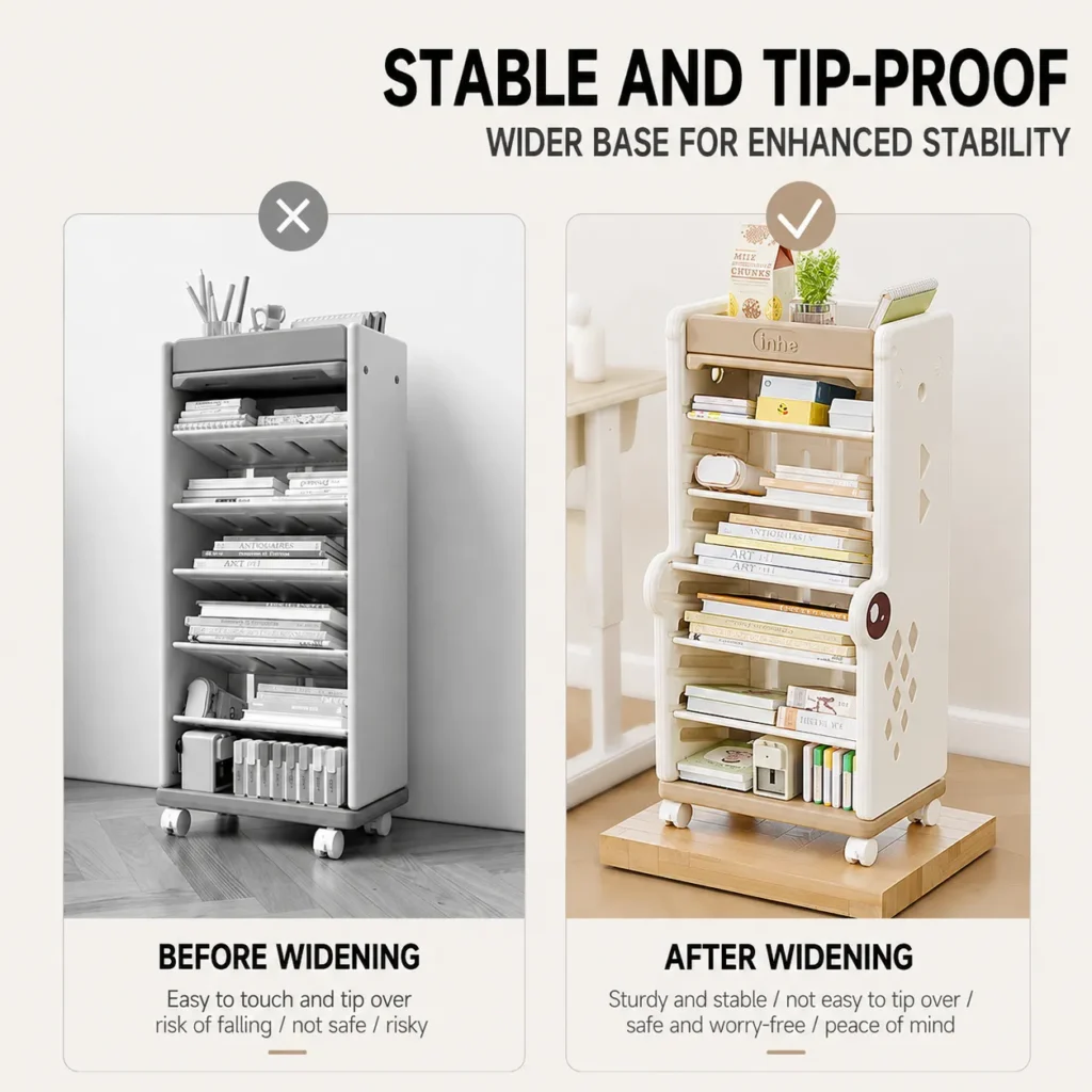 Smartly divided children storage cabinet showing a multi-tier display layout with modular toy storage bins and bookshelves.