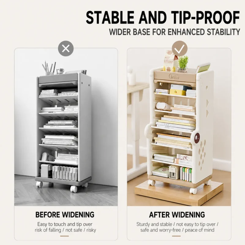 Smartly divided children storage cabinet showing a multi-tier display layout with modular toy storage bins and bookshelves.