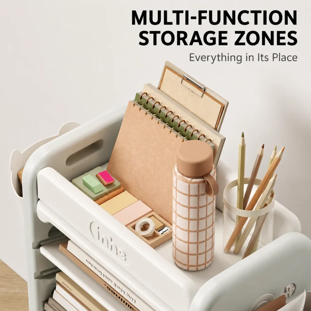Multi-function storage zones on the top tray of a toddler plastic bookshelf from OEM kids bookcase manufacturer.