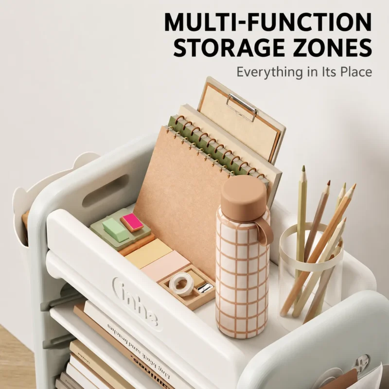 Multi-function storage zones on the top tray of a toddler plastic bookshelf from OEM kids bookcase manufacturer.