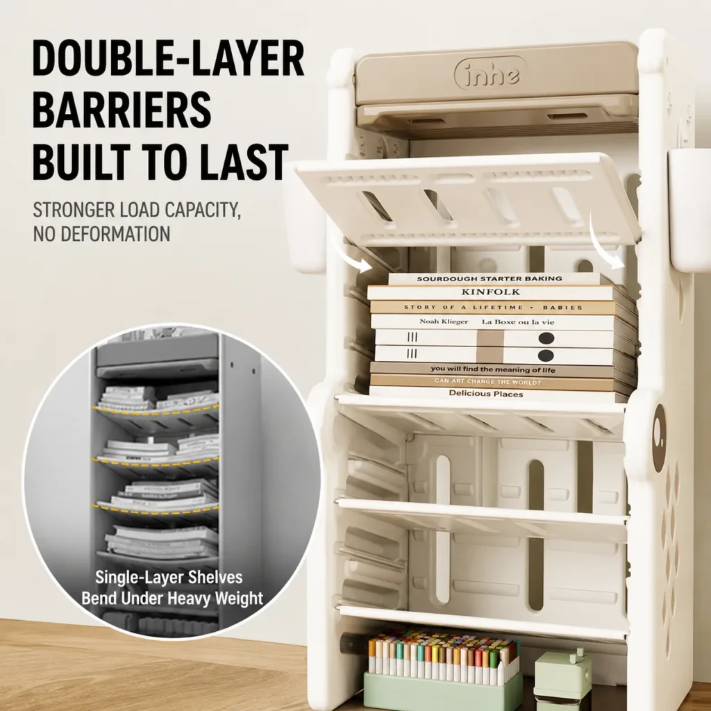 Thickened plastic baby bookcase from China supplier highlighting a rounded corner edge structural design and smooth finish.