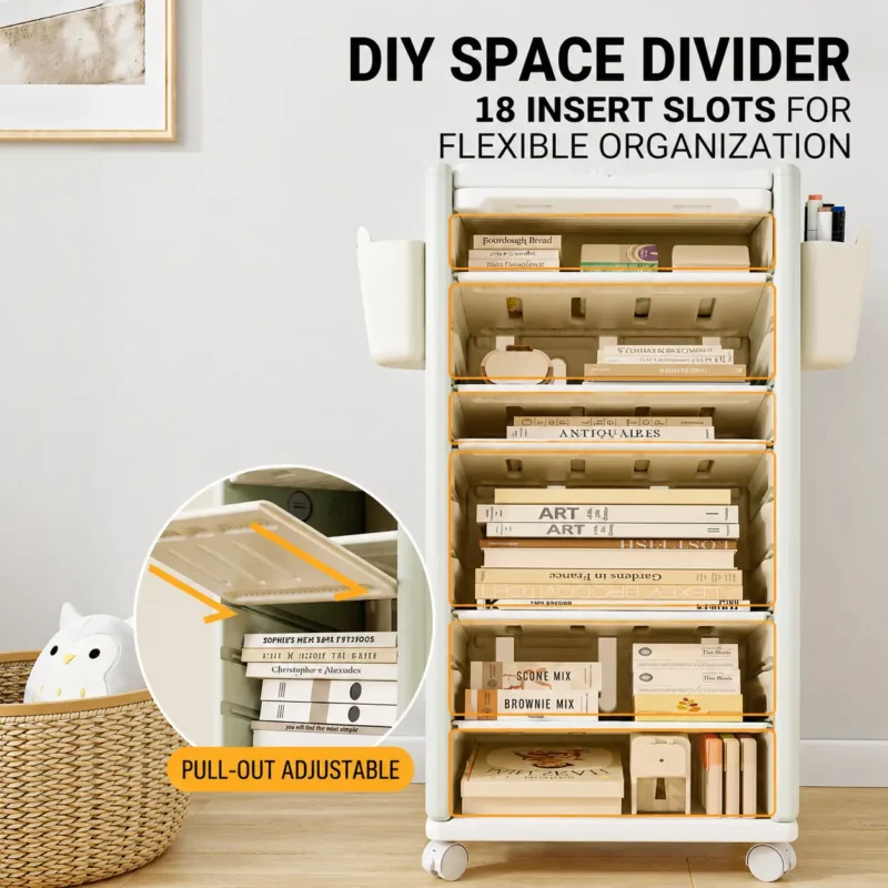 High-capacity preschool bookcases featuring DIY space divider with 18 insert slots for flexible storage and organization.