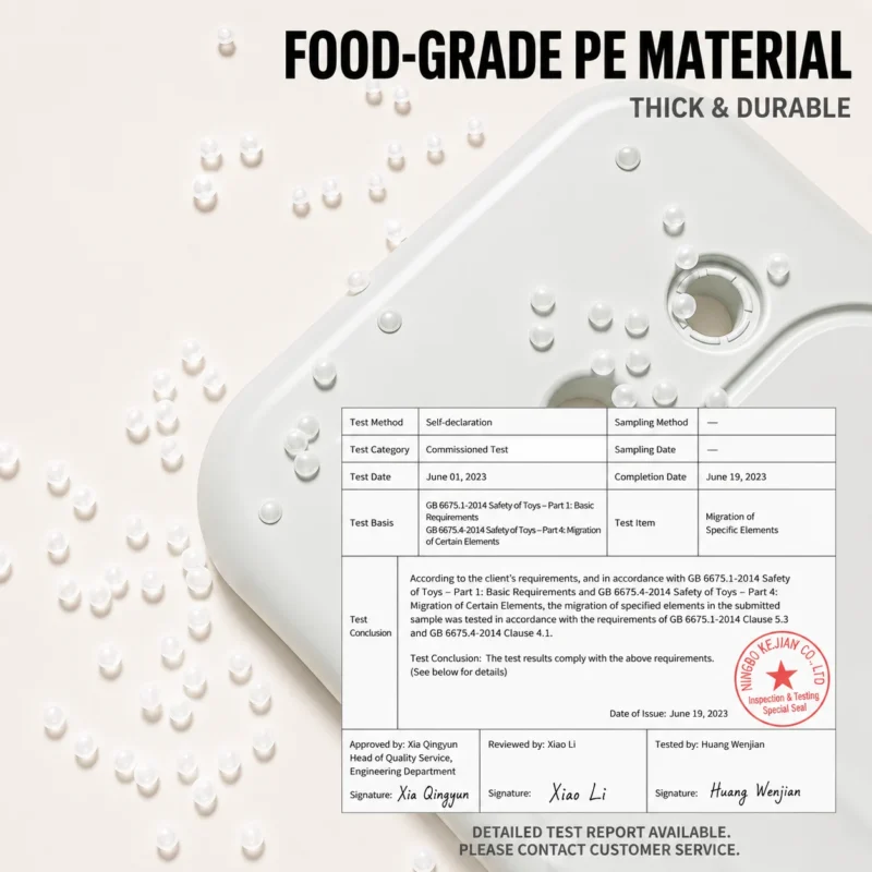 CE certified children bookshelf showing material safety test report for thick food-grade PE material from China factory.