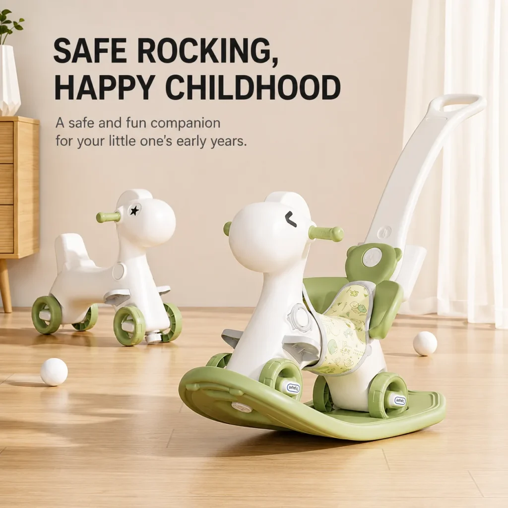 Minimalist kids david series rocking horse compliant with CPC Certificate guidelines featuring removable open safety guards for nursery spaces.