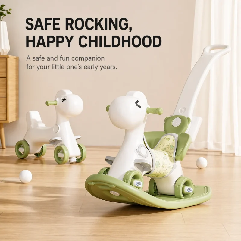 Minimalist kids david series rocking horse compliant with CPC Certificate guidelines featuring removable open safety guards for nursery spaces.