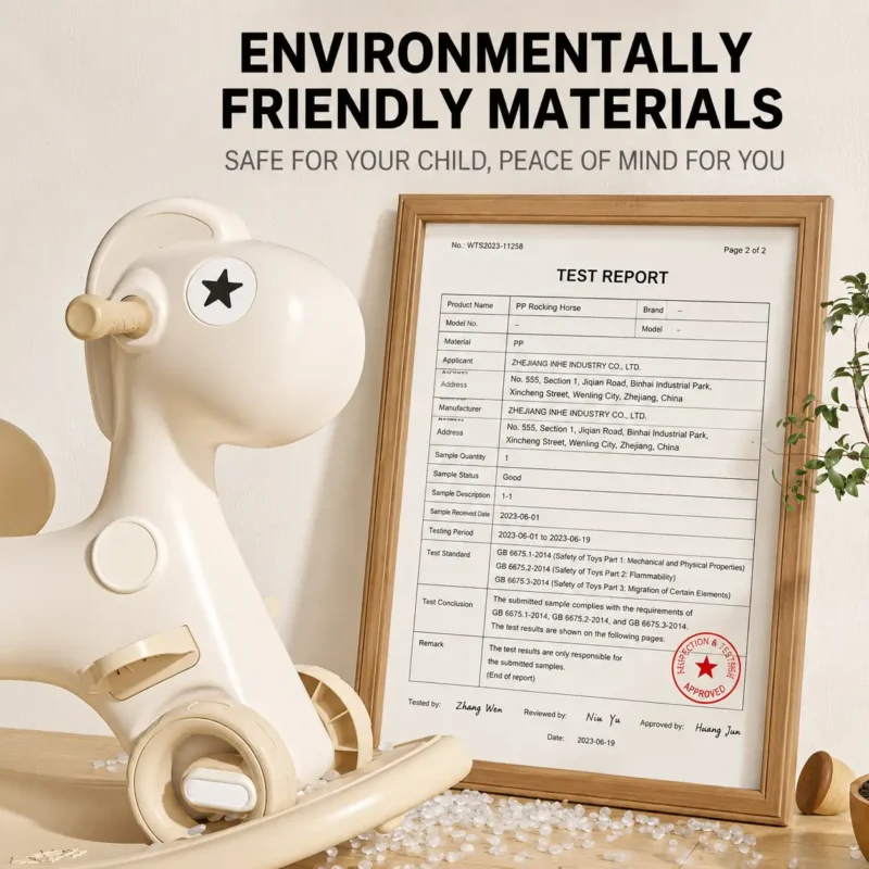 Eco-friendly toddler ride-on toys compliant with EN71 Test Report requirements ensuring a non-toxic formaldehyde-free material structure.