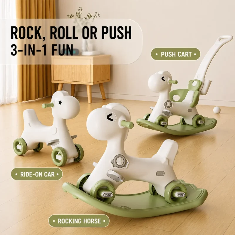 Custom 3-in-1 children rocking horse showing a detachable base structure that effortlessly converts from a riding car to a push stroller.