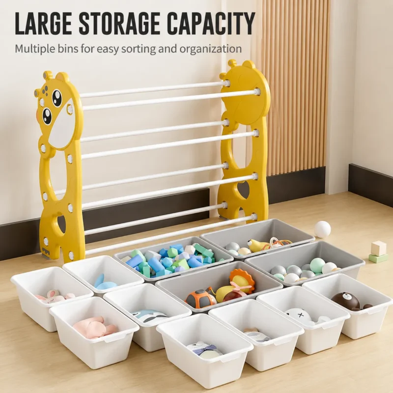 Minimalist kids plastic toy organizer compliant with CPC Certificate requirements featuring removable storage bins and metal rods.