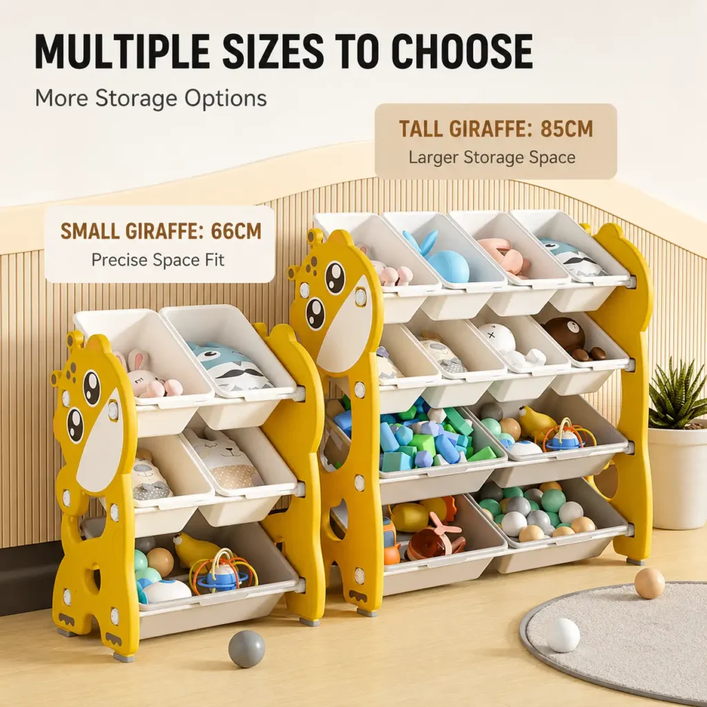 Custom eco-friendly kids storage racks with ASTM+CCPIA Testing Report showing flexible customizable sizes for playroom spaces.