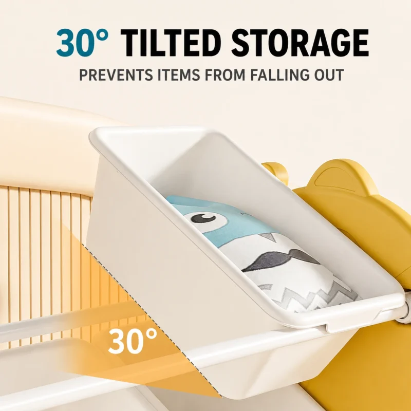 Heavy duty nursery toy cabinet showcasing ergonomic 30-degree tilted storage compartments for toddlers easy and safe access.