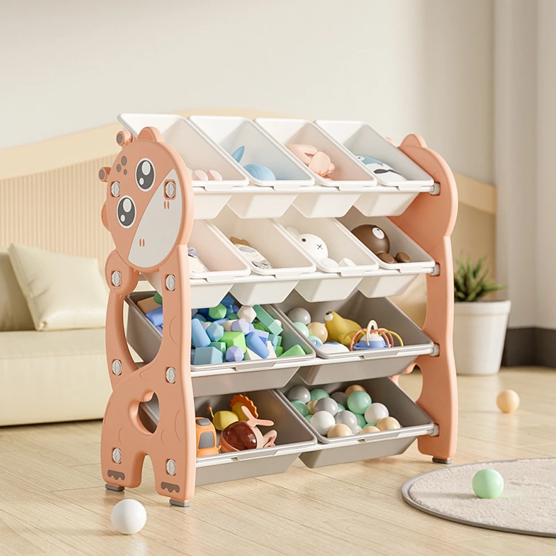 High capacity preschool storage shelves featuring a modular layout with stable side panels and plastic open bins for toy organization.