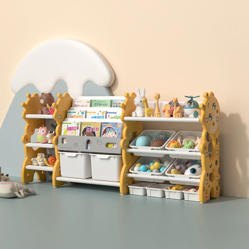 Minimalist kids deer theme bookshelf and forward-facing nursery toy storage cabinets setup in a modern classroom from wholesale supplier.