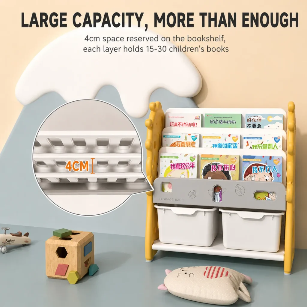 High capacity preschool bookcases showing a plastic deer book rack with a 4cm spacing structure that holds 15 to 30 books per layer.