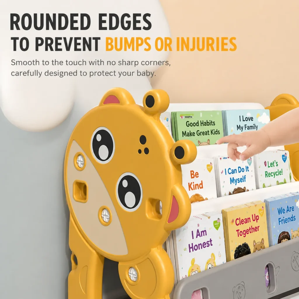 ASTM-compliant kids toy storage organizer featuring a deer theme side panel with rounded edges to prevent bumps and injuries for toddlers.