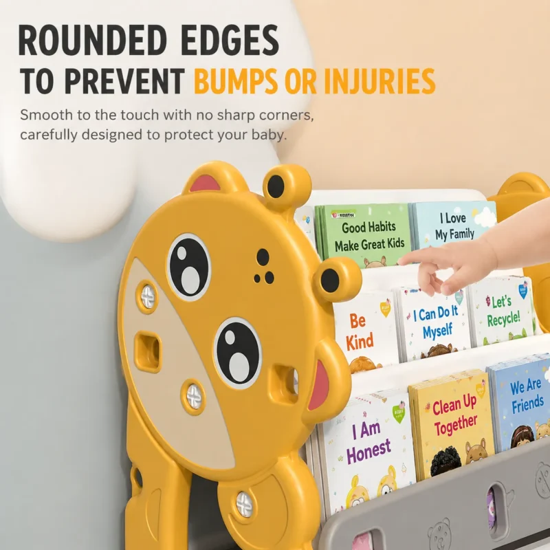 ASTM-compliant kids toy storage organizer featuring a deer theme side panel with rounded edges to prevent bumps and injuries for toddlers.