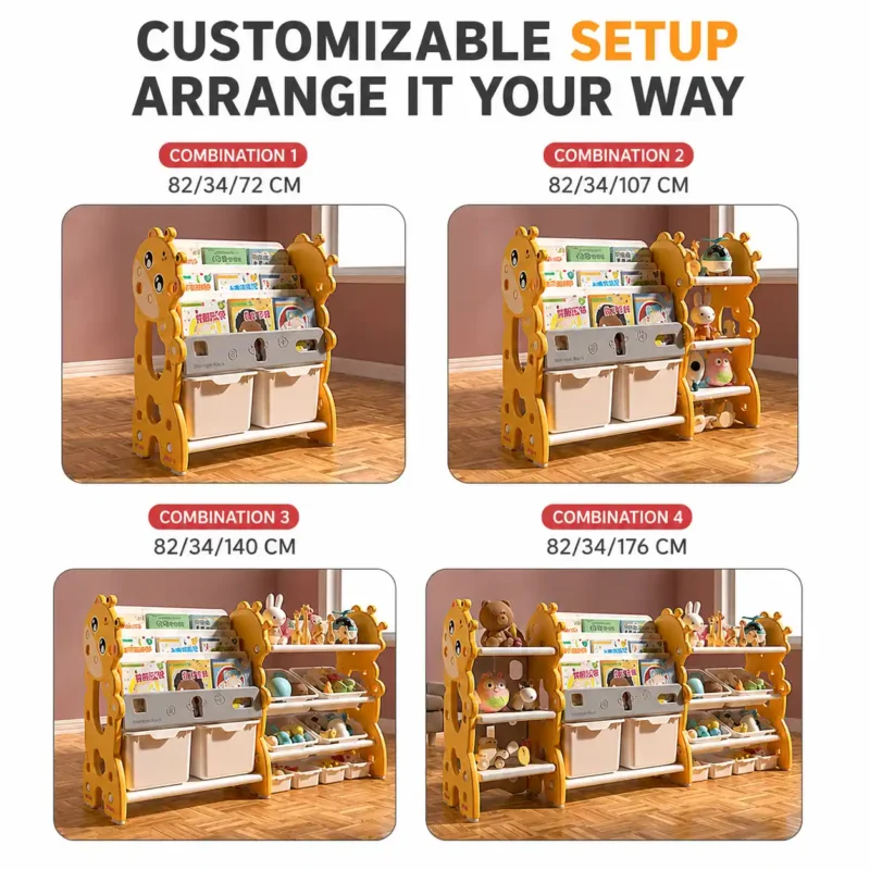 Custom eco-friendly kids storage racks wholesale showcasing a modular design with four customizable setups for flexible nursery toy organization.