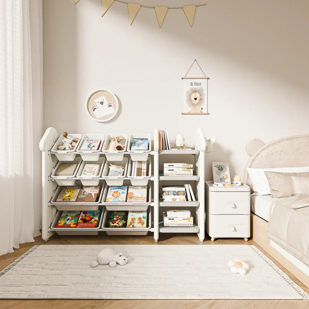 Heavy duty preschool storage shelves highlighting a dessert house theme children furniture unit for playroom and nursery decoration.