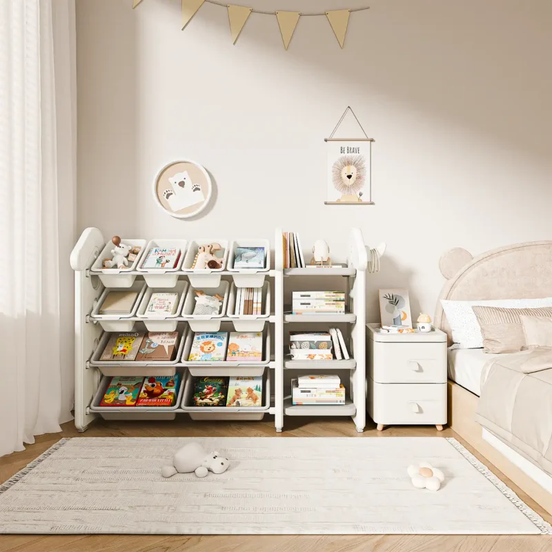 Heavy duty preschool storage shelves highlighting a dessert house theme children furniture unit for playroom and nursery decoration.
