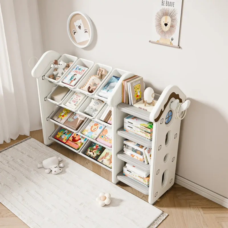 Smartly divided toddler toy storage cabinets showcasing an integrated forward-facing children bookshelf and open storage bins.