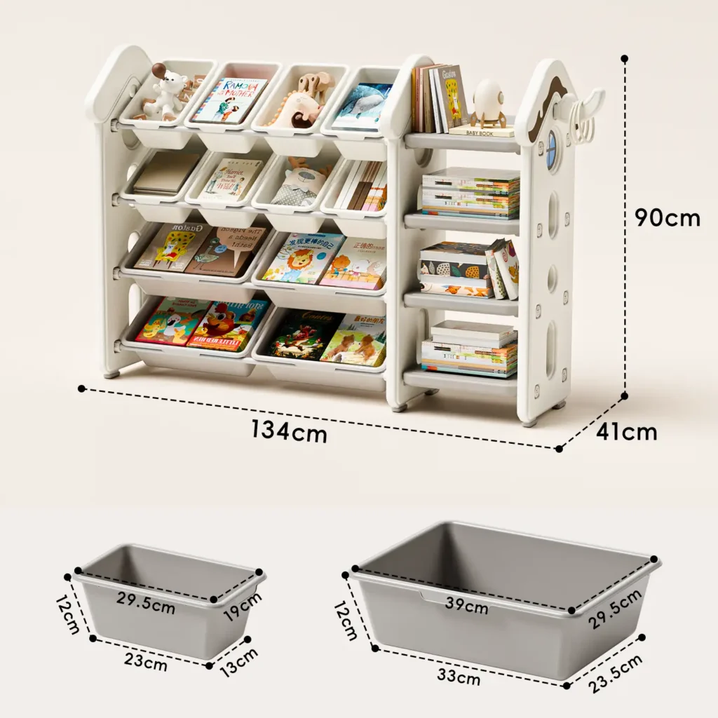 High capacity preschool storage shelves from China factory showing detailed modular dimension measurements and flexible plastic bin sizes.