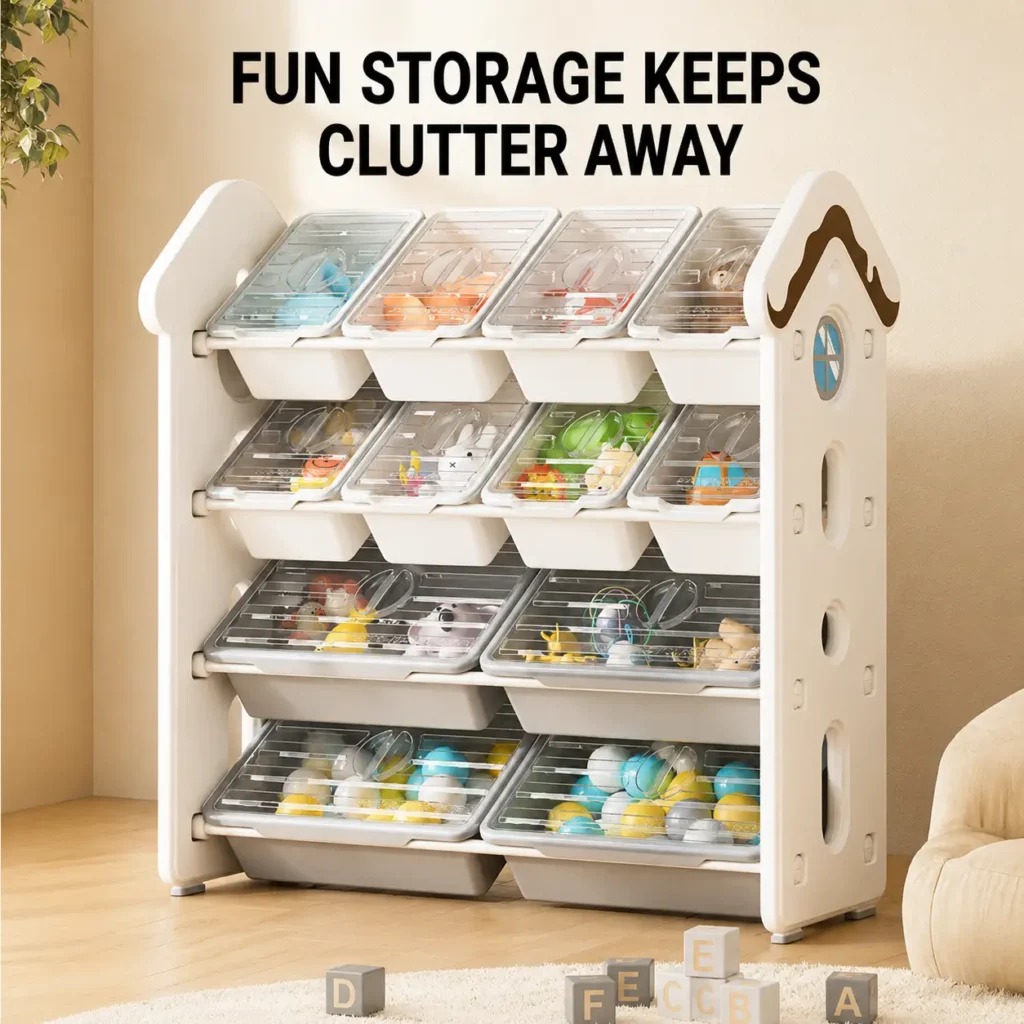 Minimalist kids dessert house theme toy organizer compliant with CPC Certificate requirements from wholesale children furniture manufacturer.